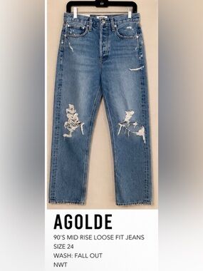 AGOLDE 90’s Mid Rise Loose Fit Jeans Size 24 Fall Out NWT Distressed Denim